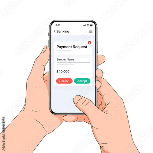 Hands holding smartphone with payment request.