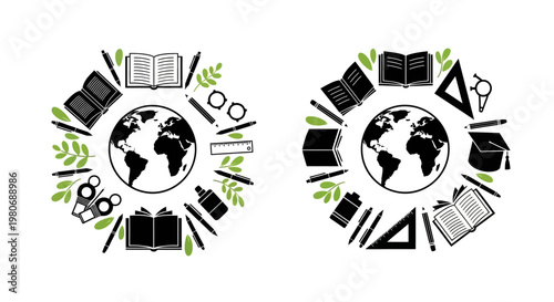 Education and global learning concept with books pens and a world globe