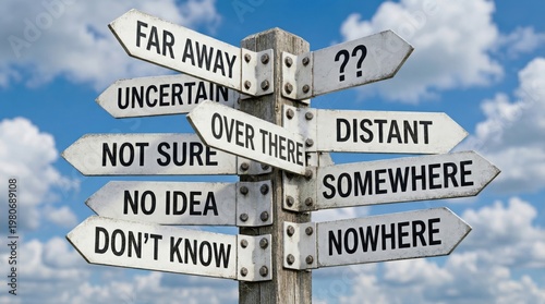 Confusing wooden directional signpost with uncertain destination arrows, rustic guidepost against blue sky, conceptual road sign for indecision and life choices