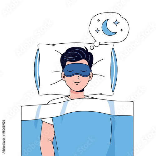Man wearing sleep mask in bed.