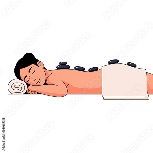 Woman receiving hot stone massage therapy.