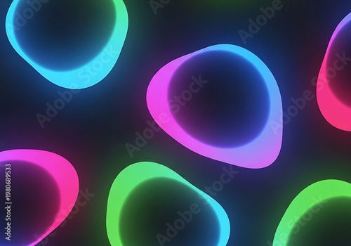 Abstract glowing shapes on dark background with vibrant neon color edges