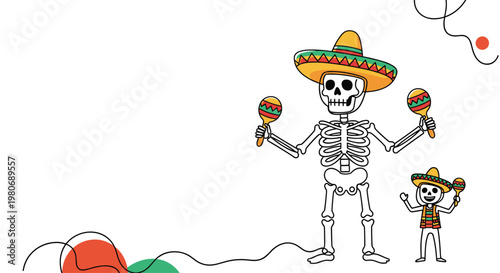 Festive Day of the Dead graphic with skeletons wearing sombreros and playing maracas in a playful line art illustration.