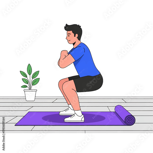 Man doing squats on yoga mat.