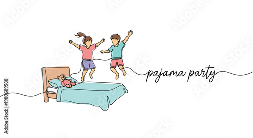 Two happy children jumping on a bed with a teddy bear celebrating a fun pajama party in a cute continuous line drawing.
