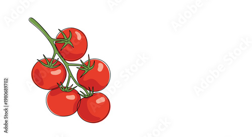Stylized cluster of ripe red cherry tomatoes on a green vine in a colorful and modern line art illustration.