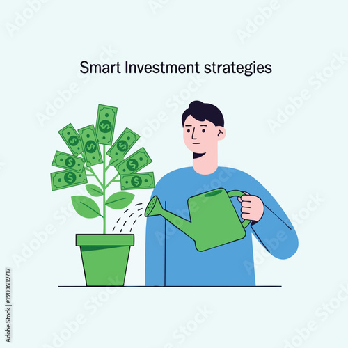 Smart Investment Strategies Concept with Growing Money Tree and Young Man