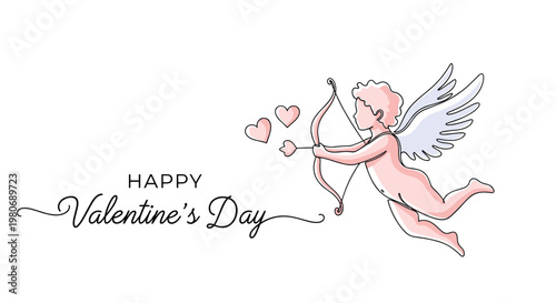 Happy valentines day banner with a cute cupid holding a bow and hearts in a playful continuous line art style.