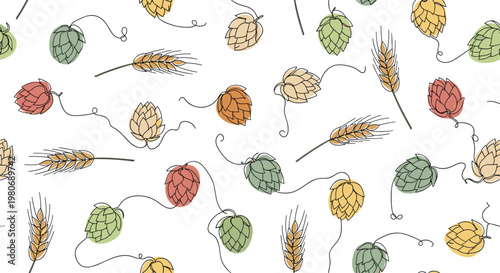 Seamless beer ingredient pattern with hops and wheat stalks in a delicate continuous line art drawing style.