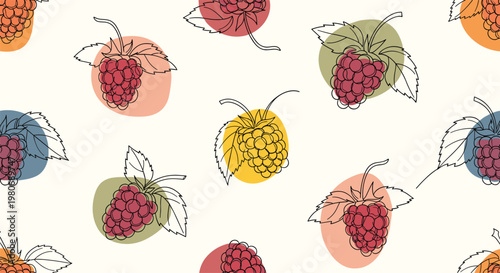 Artistic raspberry pattern with whole berries and leaves in line art style with vibrant colorful abstract circles.