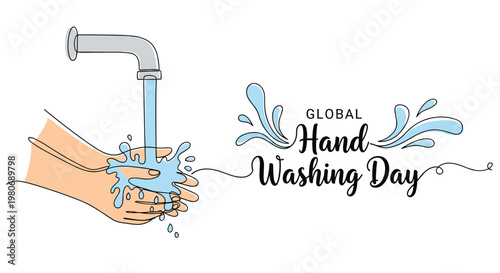 Global hand washing day illustration showing hands under a faucet in a clean and simple continuous line art style.