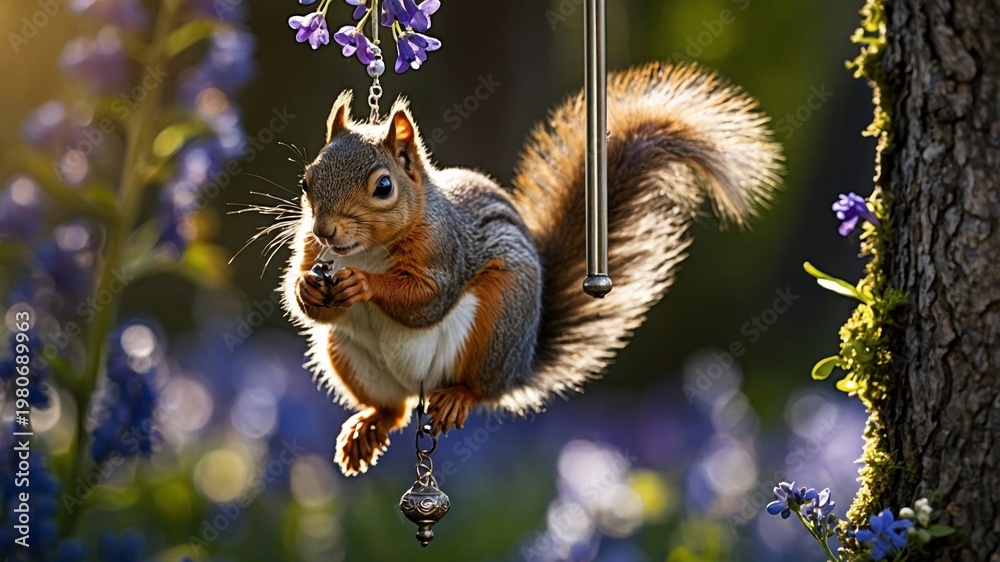 Obraz premium A playful squirrel hanging from a flower bell amidst vibrant blue flowers in a sunlit forest