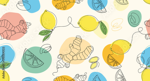 Seamless pattern with hand-drawn lemons and ginger roots on a background with colorful abstract spots for kitchen textile design.