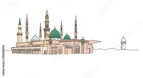 Continuous line art drawing of the Prophet's Mosque in Medina with a lone pilgrim for religious islamic travel and pilgrimage.