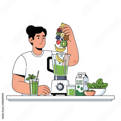 Man making green smoothie with blender.