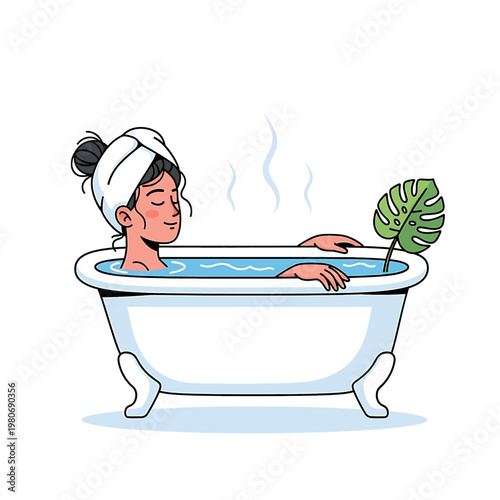 Woman Relaxing in Bathtub with Towel.