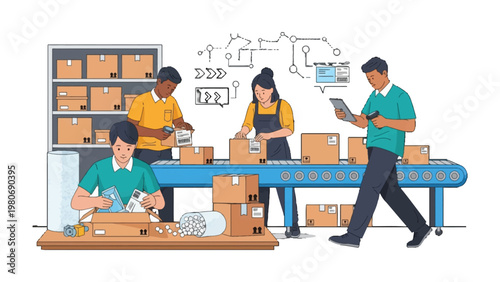 Efficiency in motion: A team of skilled workers manages the flow of products on an assembly line. This illustration shows a team meticulously packing goods.