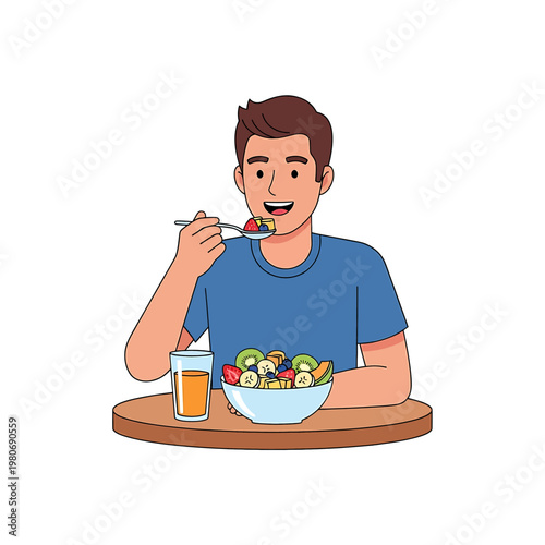 Man eating salad with fork smiling.