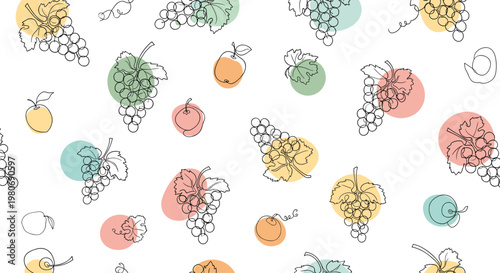 Seamless pattern with hand-drawn grapes and apples with colorful abstract spots for fruit and vineyard themed design.