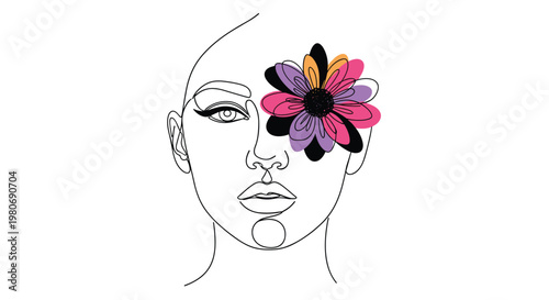 Elegant woman's face profile featuring a vibrant colorful flower over one eye rendered in a sophisticated continuous line drawing style.