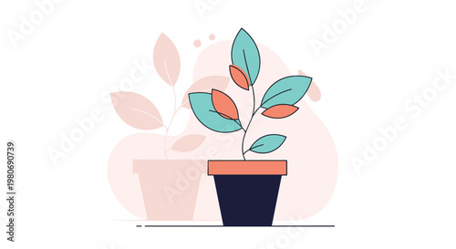 Modern graphic illustration of a potted plant with turquoise and coral leaves against a background of soft abstract shapes and shadows.