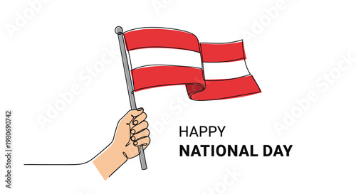 Hand holding the national flag of Austria for Happy National Day celebration rendered in a clean minimalist continuous line drawing style.