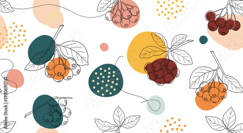 Seamless pattern design featuring hand drawn berries and colorful abstract shapes in a creative continuous line art style for textiles.