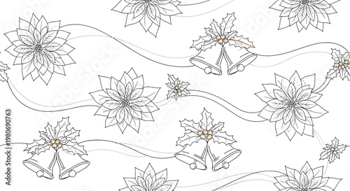 Festive Christmas seamless pattern with poinsettia flowers, bells, and holly leaves in a delicate hand drawn sketch style for backgrounds.