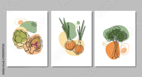Set of three vegetable art posters featuring artichoke, onions, and kale in a minimalist continuous line drawing style with abstract shapes.