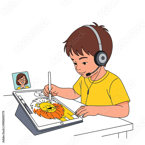 Boy wearing headset drawing on tablet.