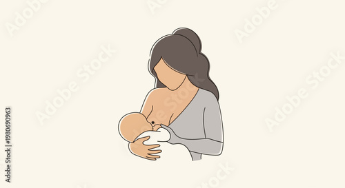 Minimalist line art illustration of a mother breastfeeding her baby.