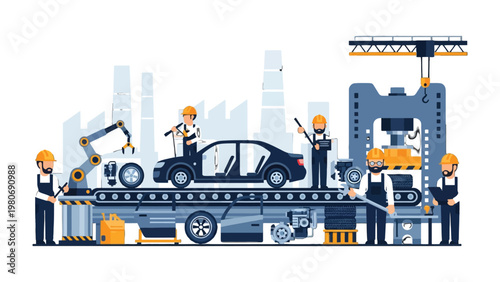 Assembly Line in Motion: The precision and collaboration of a modern automotive factory. A new car takes shape as skilled workers and robotic arms work in harmony along the production line.