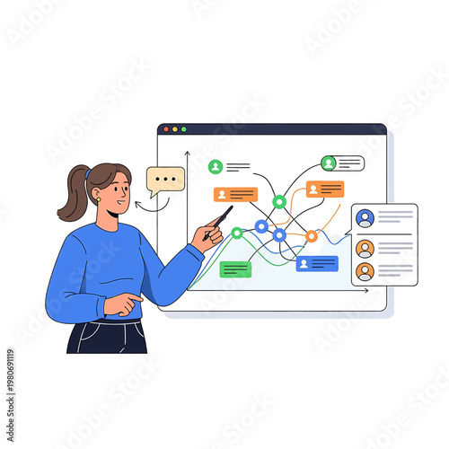 Woman explaining business process diagram.