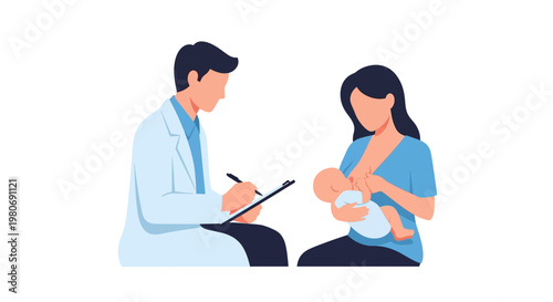 A male doctor examining a mother breastfeeding her baby during a medical consultation.