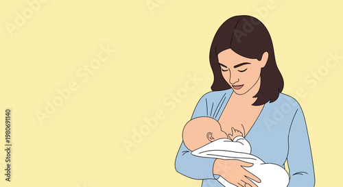 Illustration of a mother lovingly breastfeeding her newborn infant.