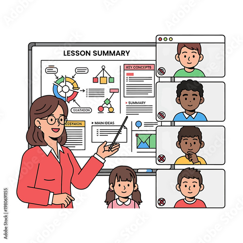 Woman teaching children online lesson.