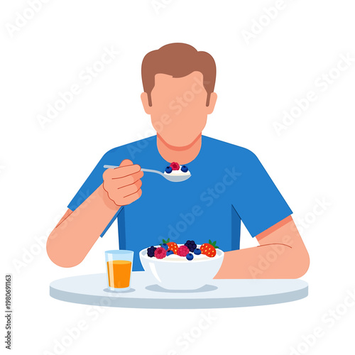 Man eating fruit and drinking juice.