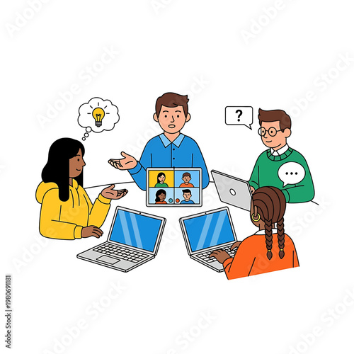 People discussing around laptops together.