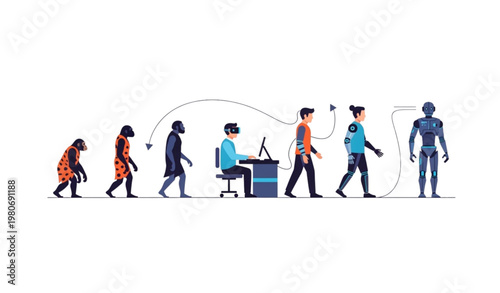 Abstract human evolution stages from primitive ape to futuristic cyborg robot vector concept illustration