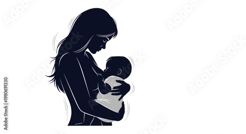 Silhouette of a loving mother breastfeeding her baby isolated on white background.