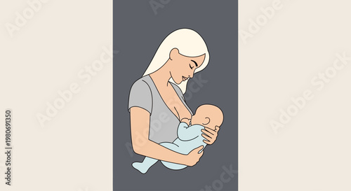 A mother gently breastfeeding her newborn baby in a minimalist illustration style.