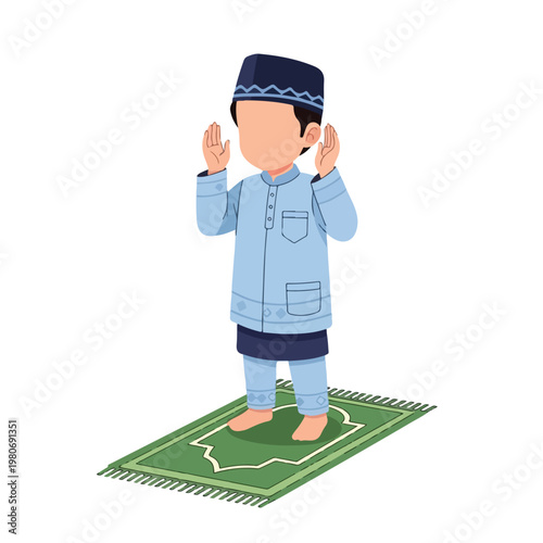 Cute Muslim Boy Character in White Religious Outfit