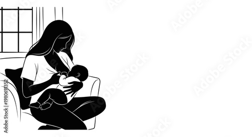 Black and white illustration of a mother breastfeeding her newborn baby.