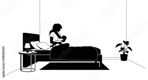 Silhouette of a mother breastfeeding her newborn baby in bed.