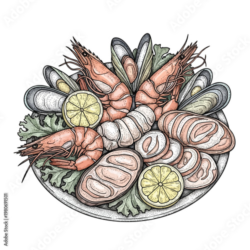 Fresh Seafood Platter with Shellfish Fish and Citrus Slices for Culinary Presentation