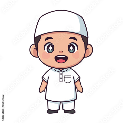 Cute Muslim Boy Character in White Religious Outfit