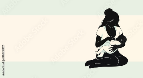 Silhouette of a mother breastfeeding her newborn baby in an artistic illustration.