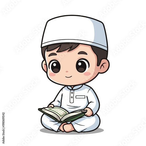 Cute Muslim Boy Character in White Religious Outfit
