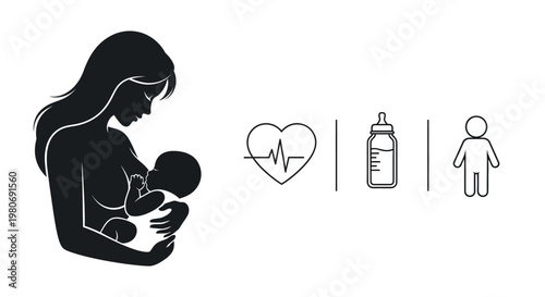 Black silhouette of a mother breastfeeding her baby with medical and care icons.