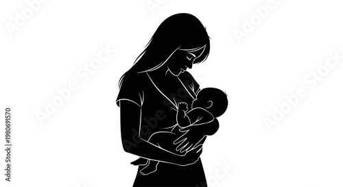 Black and white illustration of a mother breastfeeding her newborn baby.